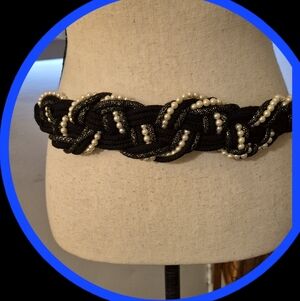 Vintage 80's Black Braided Macrame Rope Belt Braided Belt Faux Pearl Accents